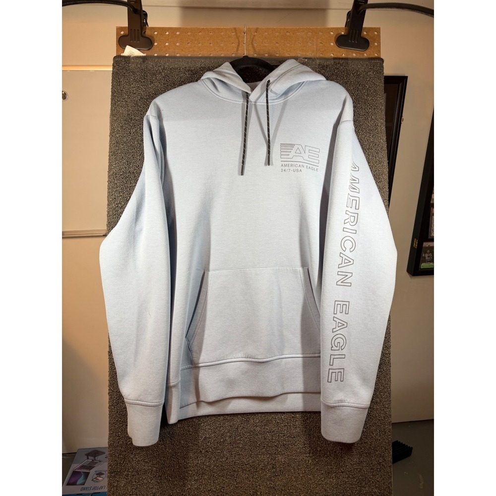 American Eagle Hoodie Mens Medium Light Blue Logo Graphic Pullover Sweatshirt